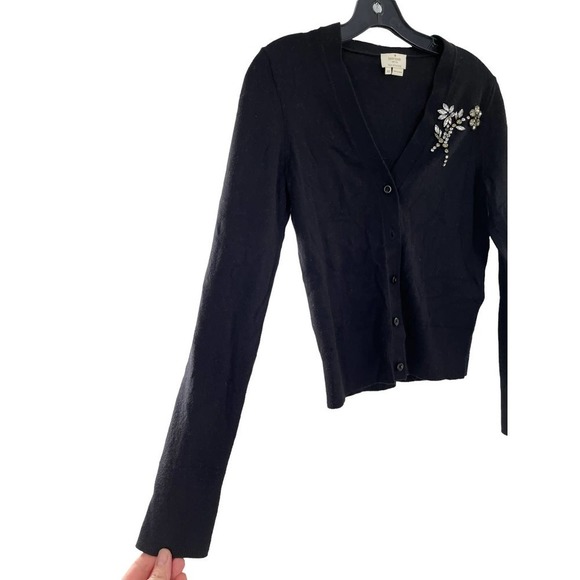 KATE SPADE BLACK WOOL BLEND EMBELLISHED GEMSTONE CARDIGAN - Picture 3 of 7